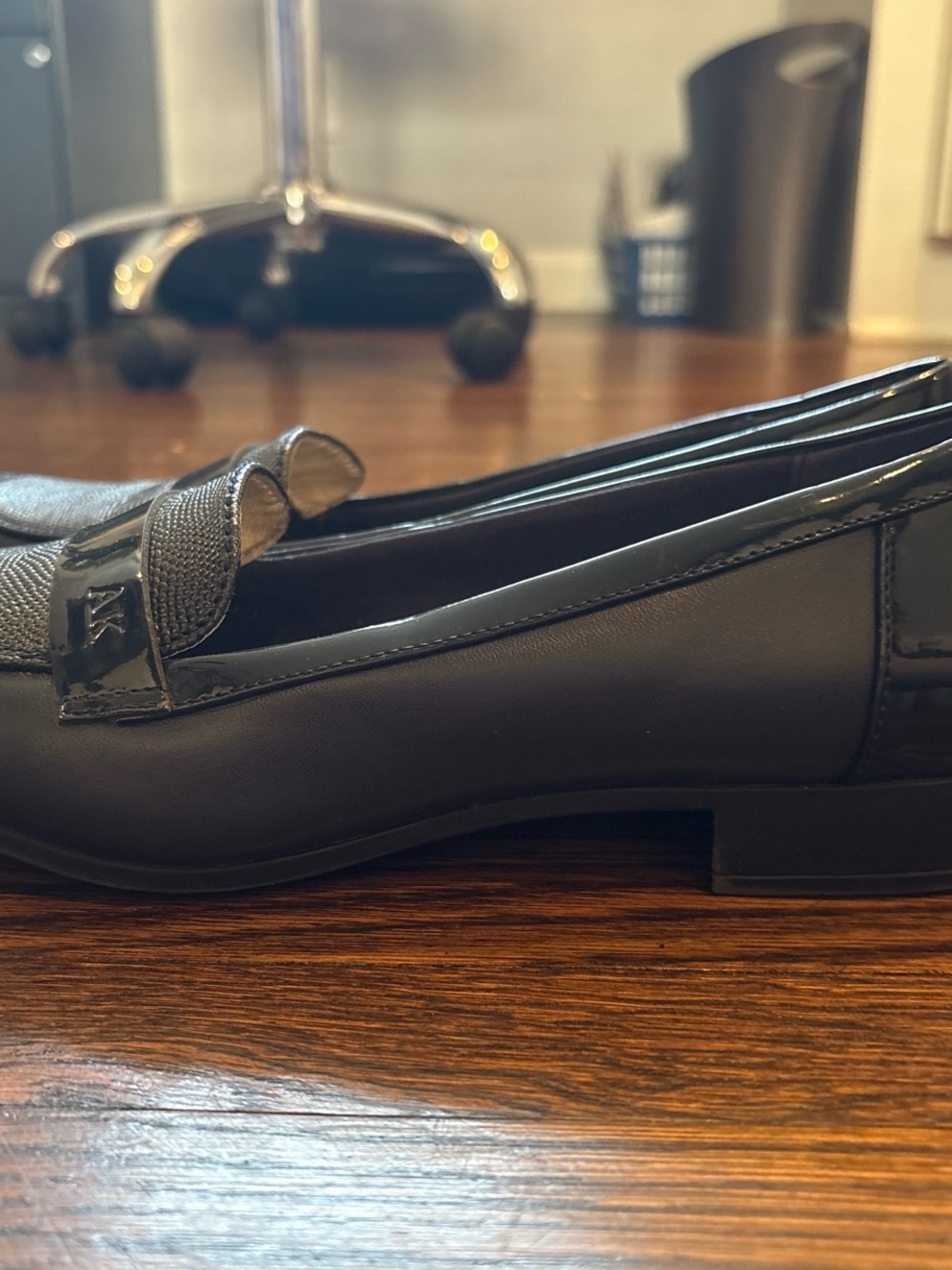 Anne Klein Navy Textured Patent-Trim Loafers - Picture 3 of 7